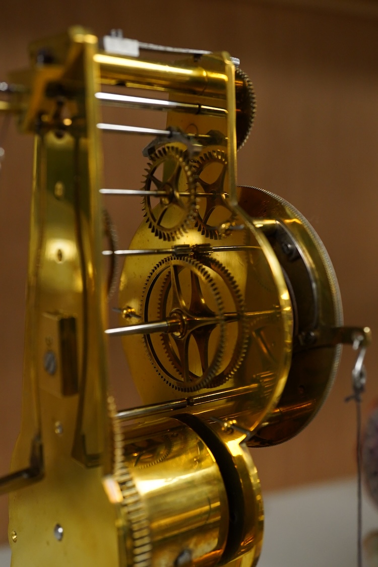 A late 19th century French eight day skeleton timepiece with alarm under glass dome, stamped 'Ms Honorables Exp. Paris Londres' with key